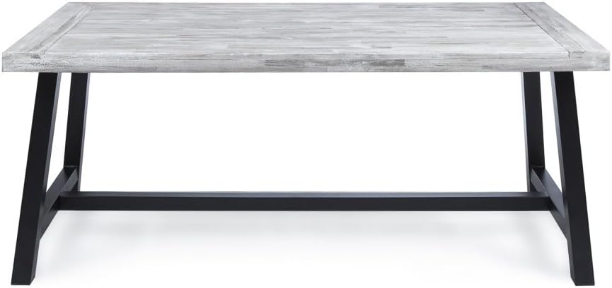 ya 28 10.13 baidi Light Grey Sandblast Acacia Wood Dining Table - Rustic Black Metal Frame