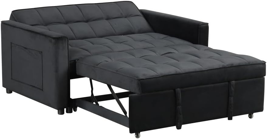 ya 28 10.13 baidi Black 53.5W Velvet Convertible Sleeper Loveseat Tufting Side Pocket