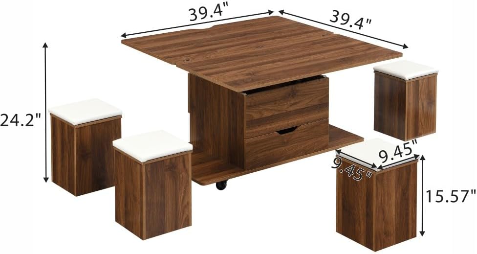 ya 28 10.13 baidi Multi-Functional Lift- Walnut Coffee Table - Hidden Storage, 4 Stools,Caste