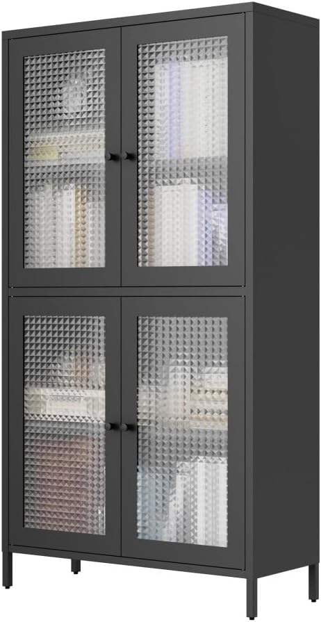 ya 28 10.13 baidi Black Classic Metal Tempered Glass Storage Cabinet - 4 Glass Doors, 4 Shelv