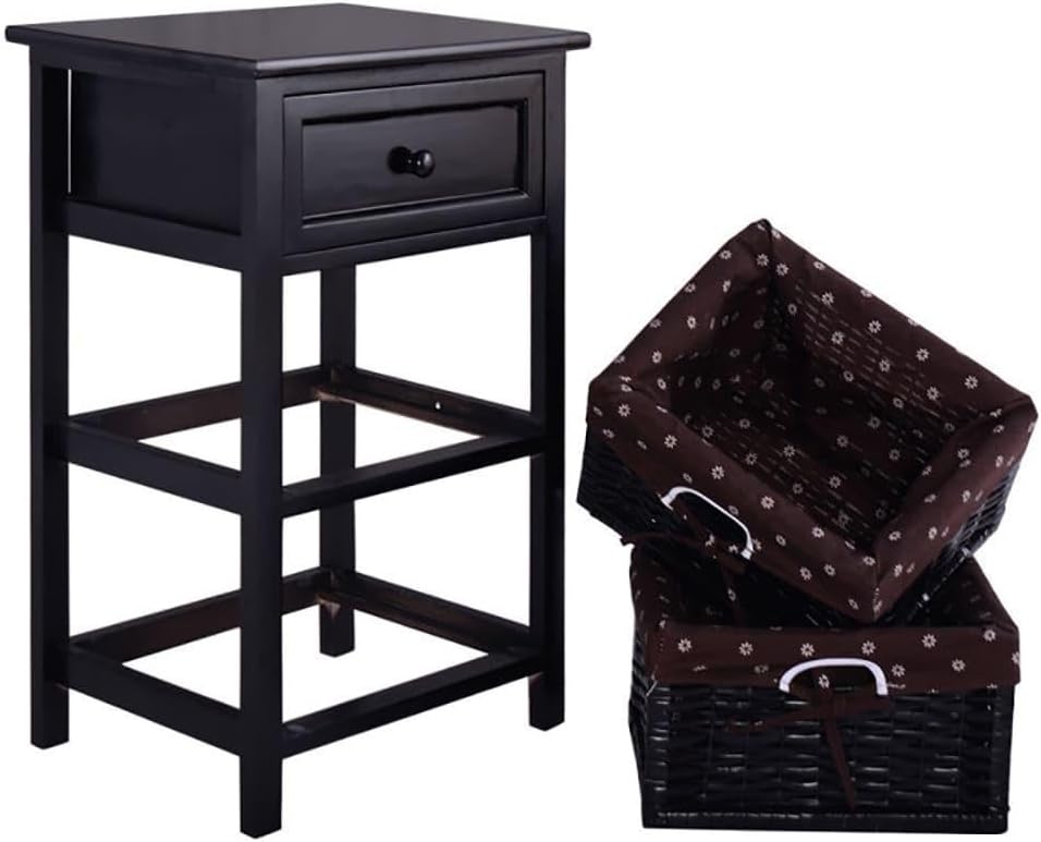 ya 28 10.13 baidi 3 Tiers Black Wooden Storage Nightstand W/ 2 Baskets 1 Drawer Simple Design