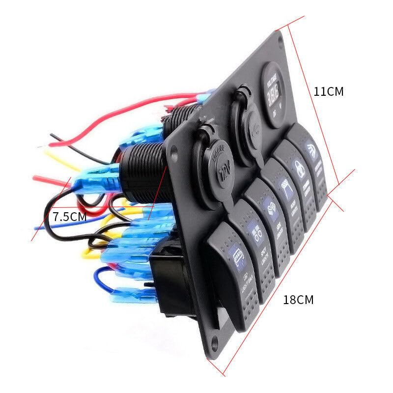 ya 4 8.8.2 Car Marine Boat 6 Gang Rocker Button Panel Circuit Breaker USB Charger Voltmeter