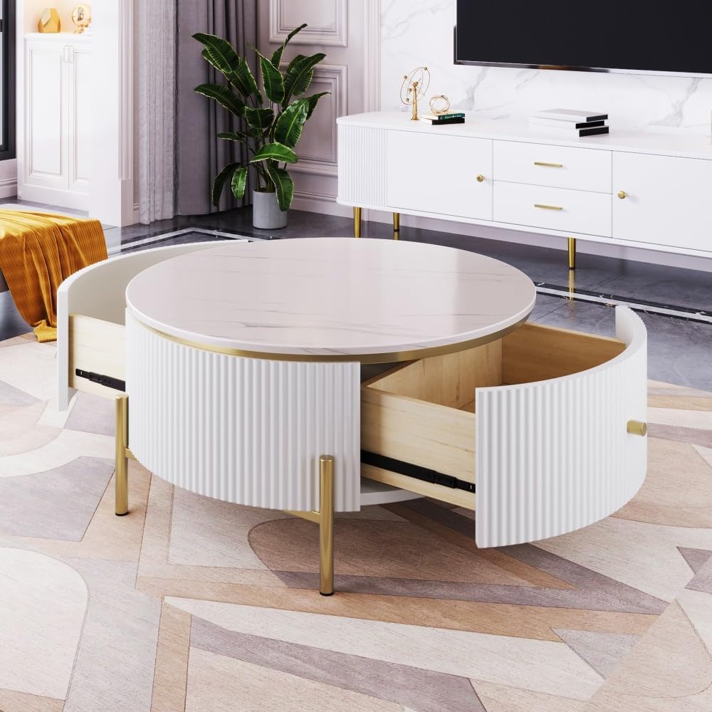 ya 28 10.13 baidi Modern Round Coffee Table 2 Large Drawers Storage Accent Table(31.5'')
