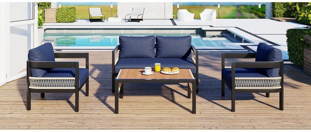 ya 28 10.13 baidi U-Style Blue Multi-Person Iron Sofa Set - Table, Rattan Decor