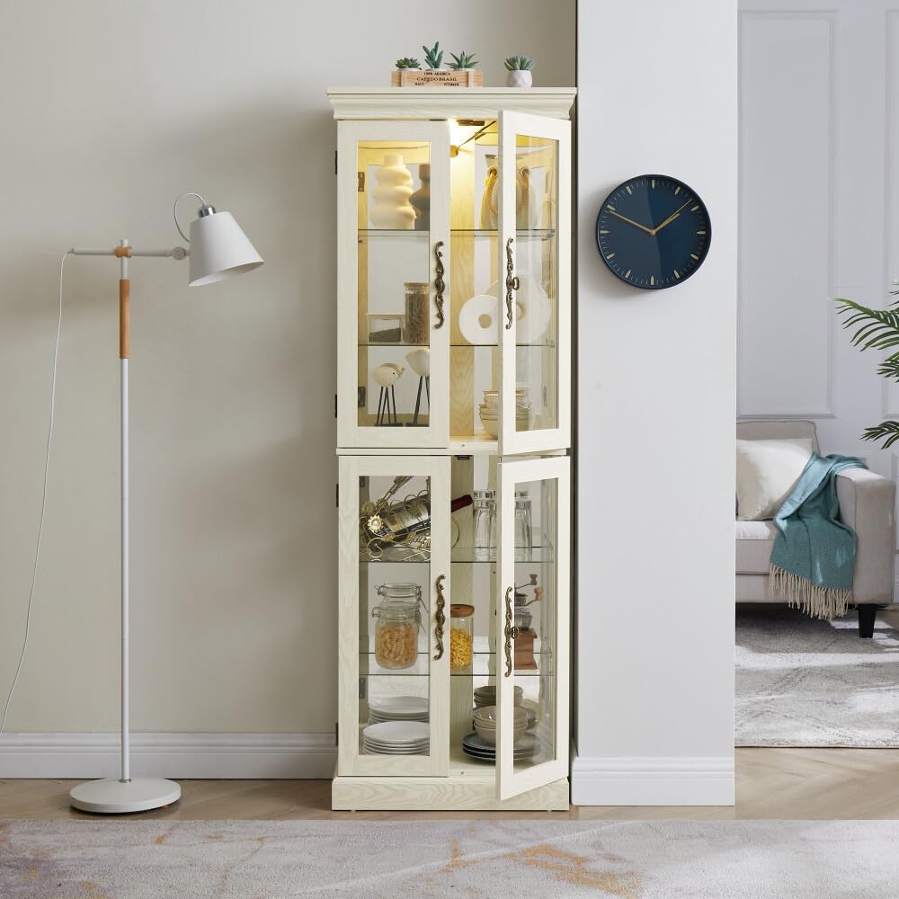 ya 28 10.13 baidi White Lighted Glass Curio Cabinet Wood Frame, Display/Wine Storage, w/Bulb