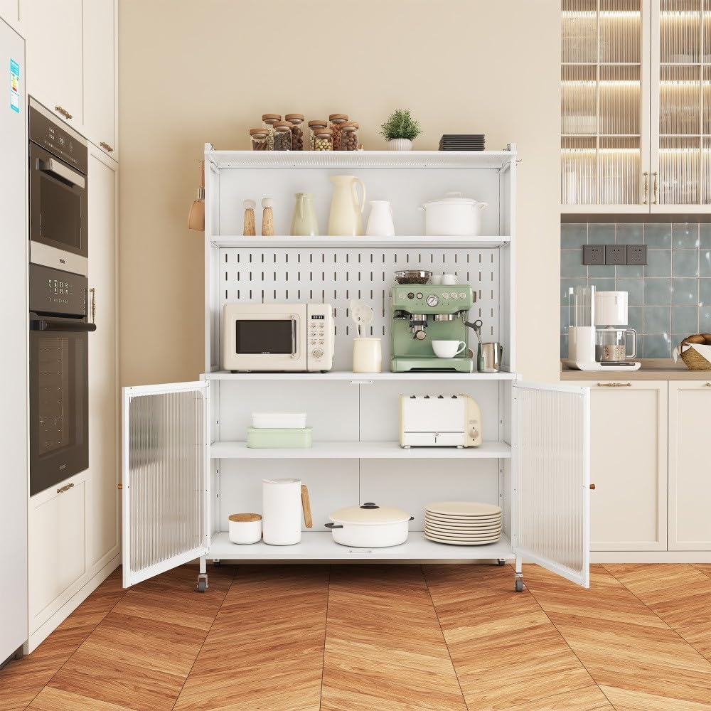 ya 28 10.13 baidi Kitchen Pantry Cabinet White - Tall Storage Glass Doors, Adjustable Shelves