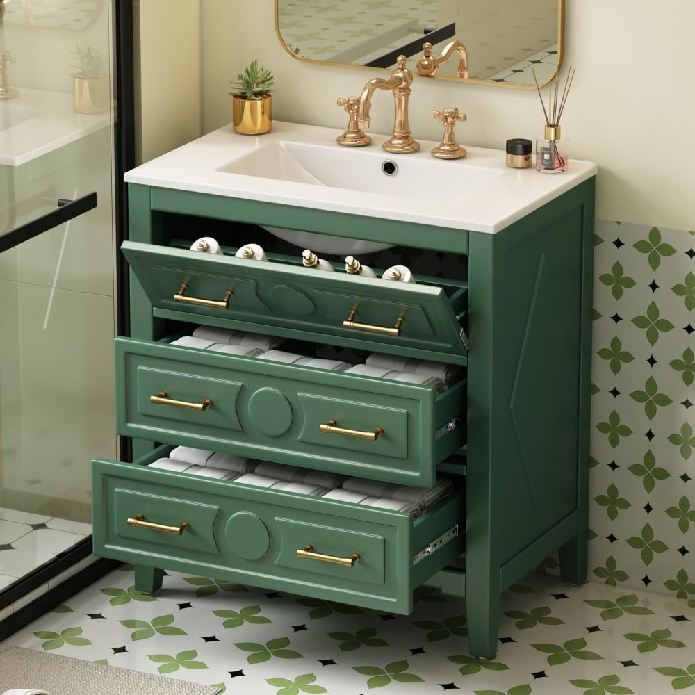ya 28 10.13 baidi 30'' Bathroom Vanity w/Ceramic Sink - 3 Drawers,Solid Wood Storage Cabinet