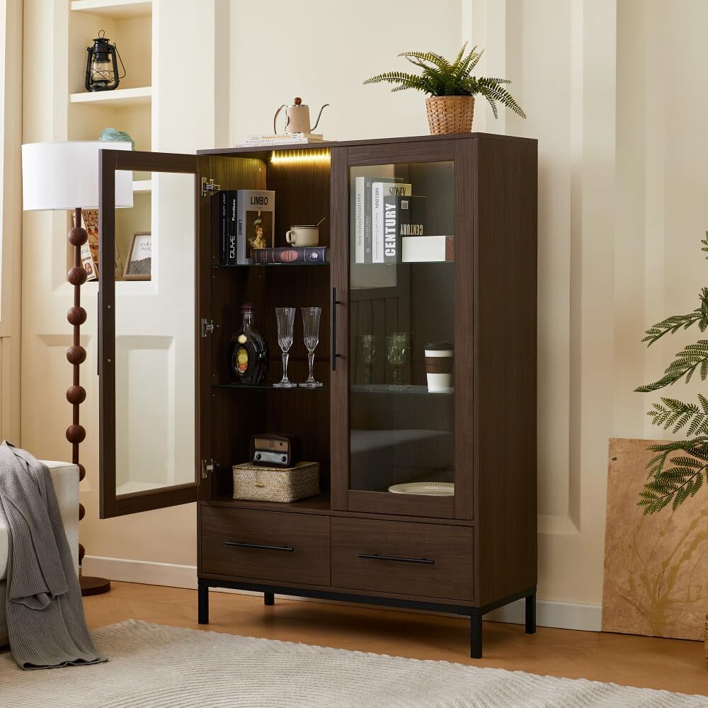 ya 28 10.13 baidi 60'' Tall Display Cabinet Modern w/ Tempered Glass , LED Light, 2 Drawers