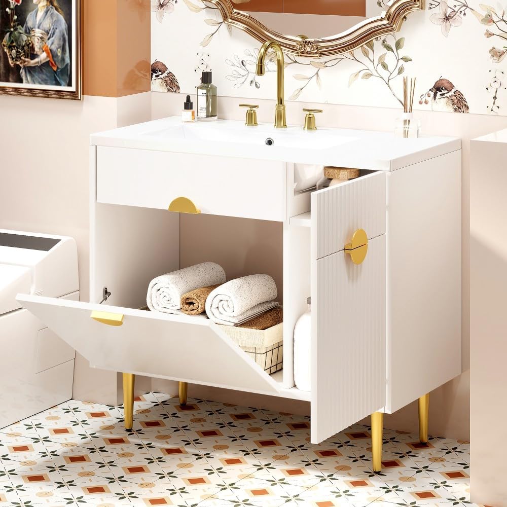 ya 28 10.13 baidi 36 Bathroom Vanity White Resin Basin - Modern Storage Cabinet,Soft-Closing