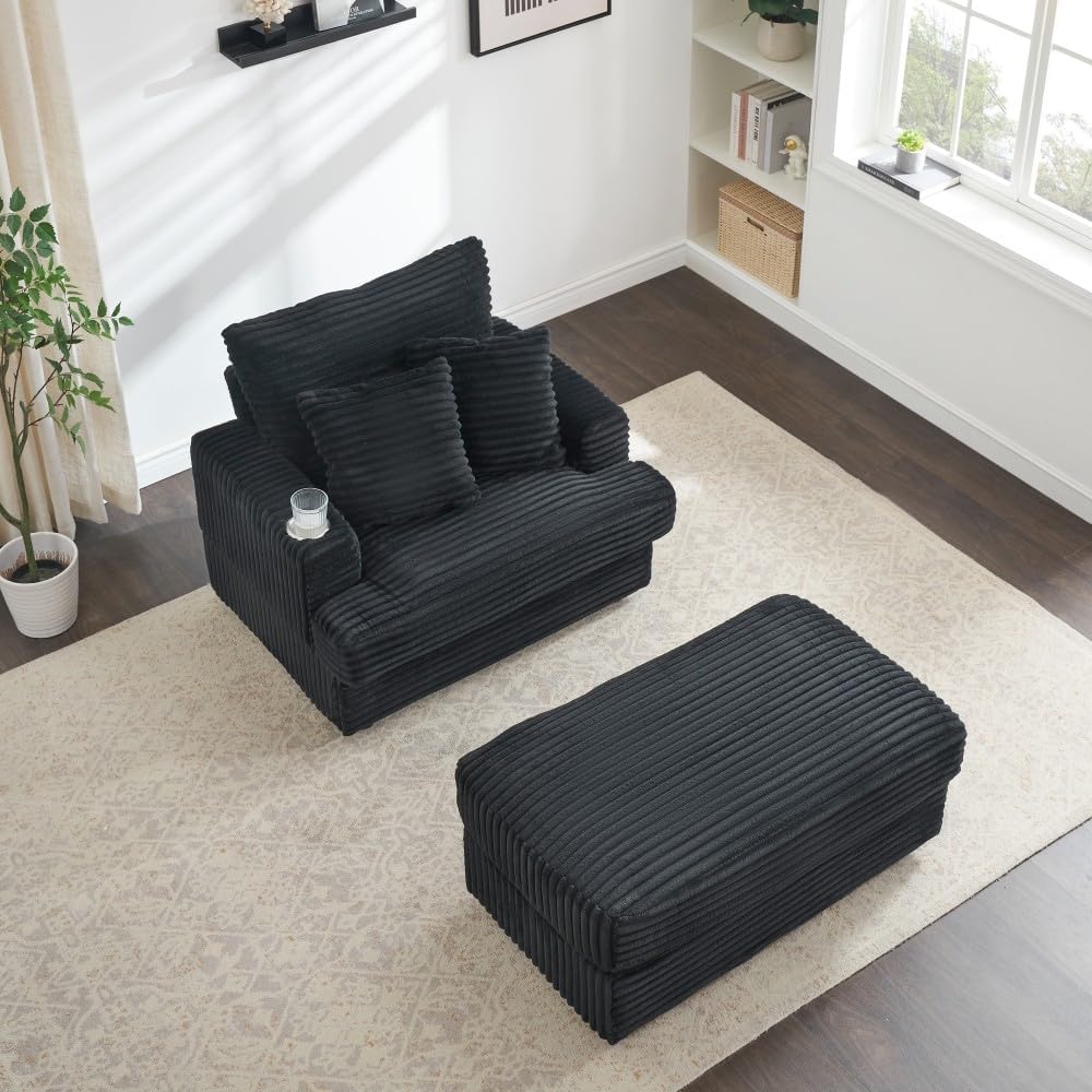 ya 28 10.13 baidi 39 Black Upholstered Armchair & Ottoman Single Sofa Set - Corduroy, Cup
