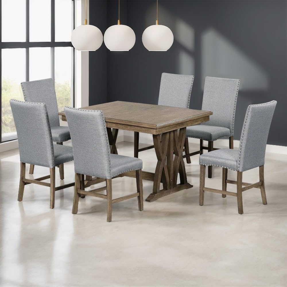 ya 28 10.13 baidi 7-Piece Solid Dining Set - Gray Cushion,Extendable Table (12 Leaf), 6 Chai
