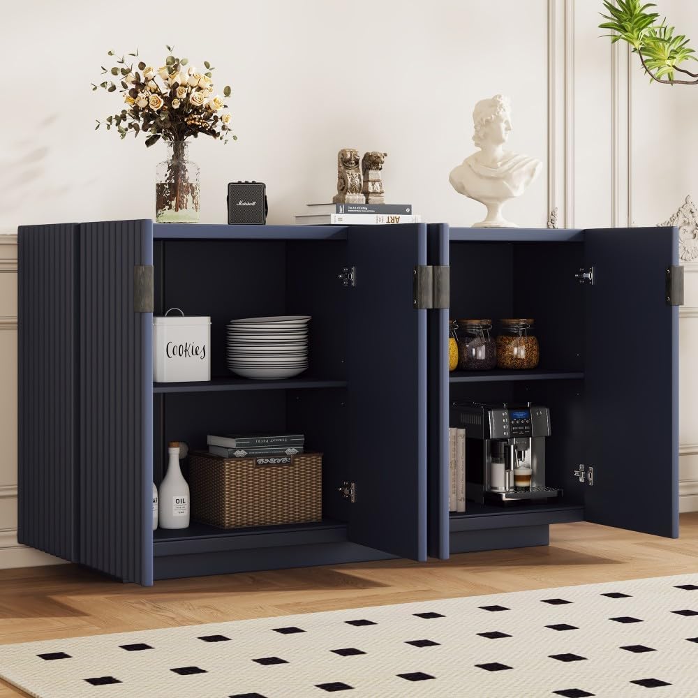 ya 28 10.13 baidi Buffet Cabinet Antique Navy - 4 Fluted Doors, Adjustable Shelves for Dining