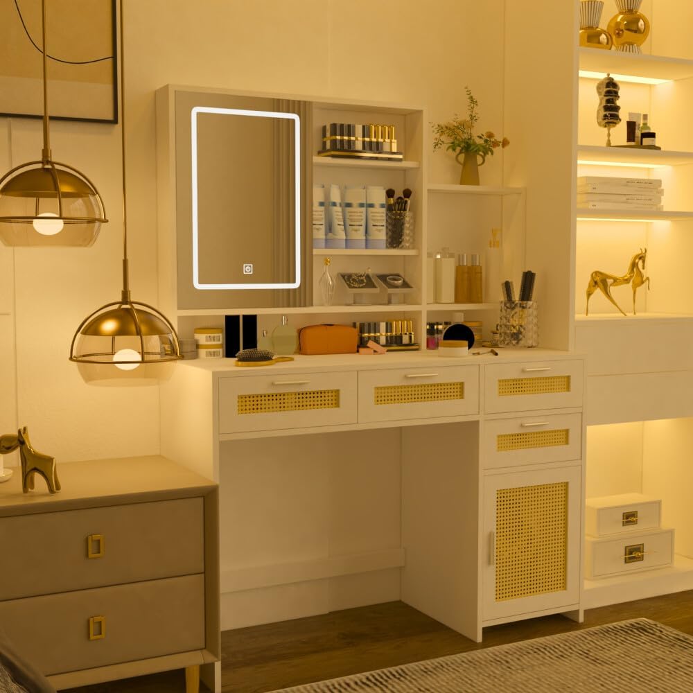 ya 28 10.13 baidi White Makeup Vanity w/3 Color Lights Open Mirror 4 Drawers Cabinet Shelves