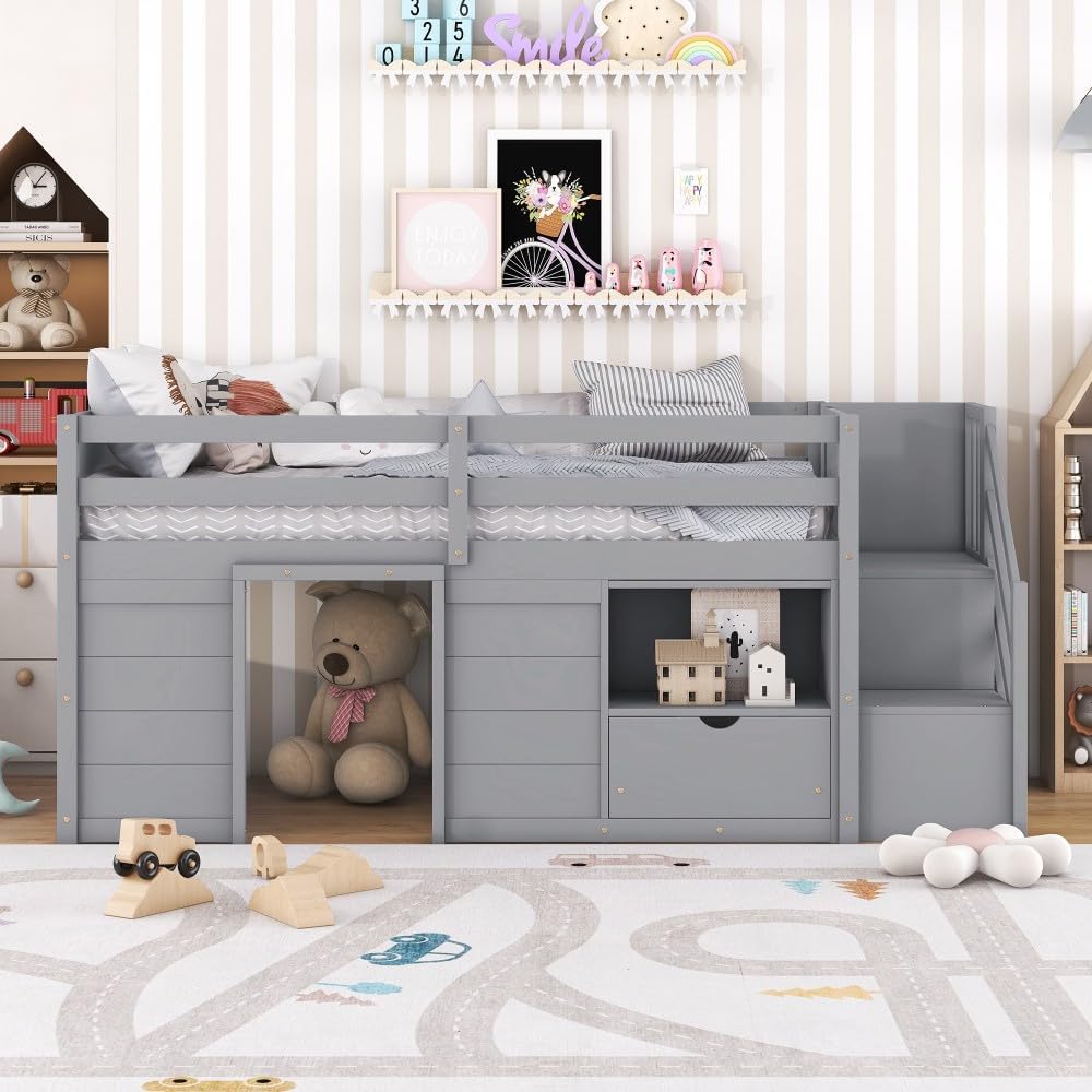 ya 28 10.13 baidi Low Loft Bed Gray Stairs Solid Wood Bed W/Drawer & Shelf