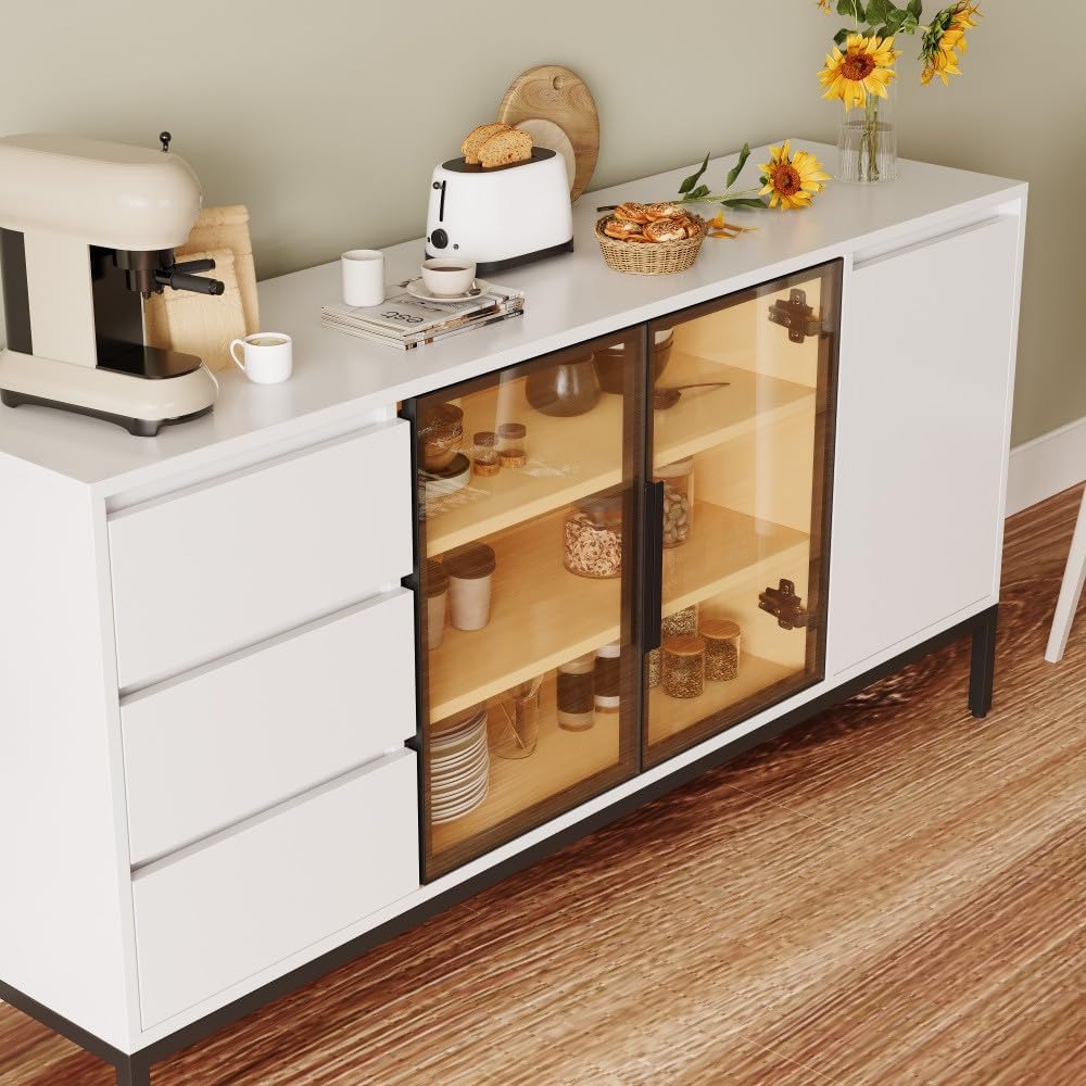 ya 28 10.13 baidi White Buffet Cabinet - Storage, Doors + 3 Drawers, Pantry/Console for Kitch
