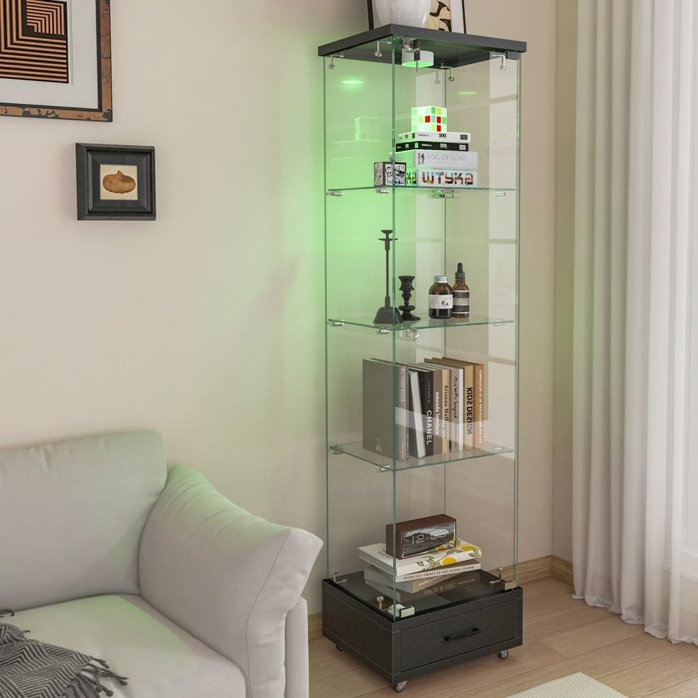 ya 28 10.13 baidi Tempered Glass Black Display Cabinet - 1- , 4 Shelves, Drawer, LED Lights
