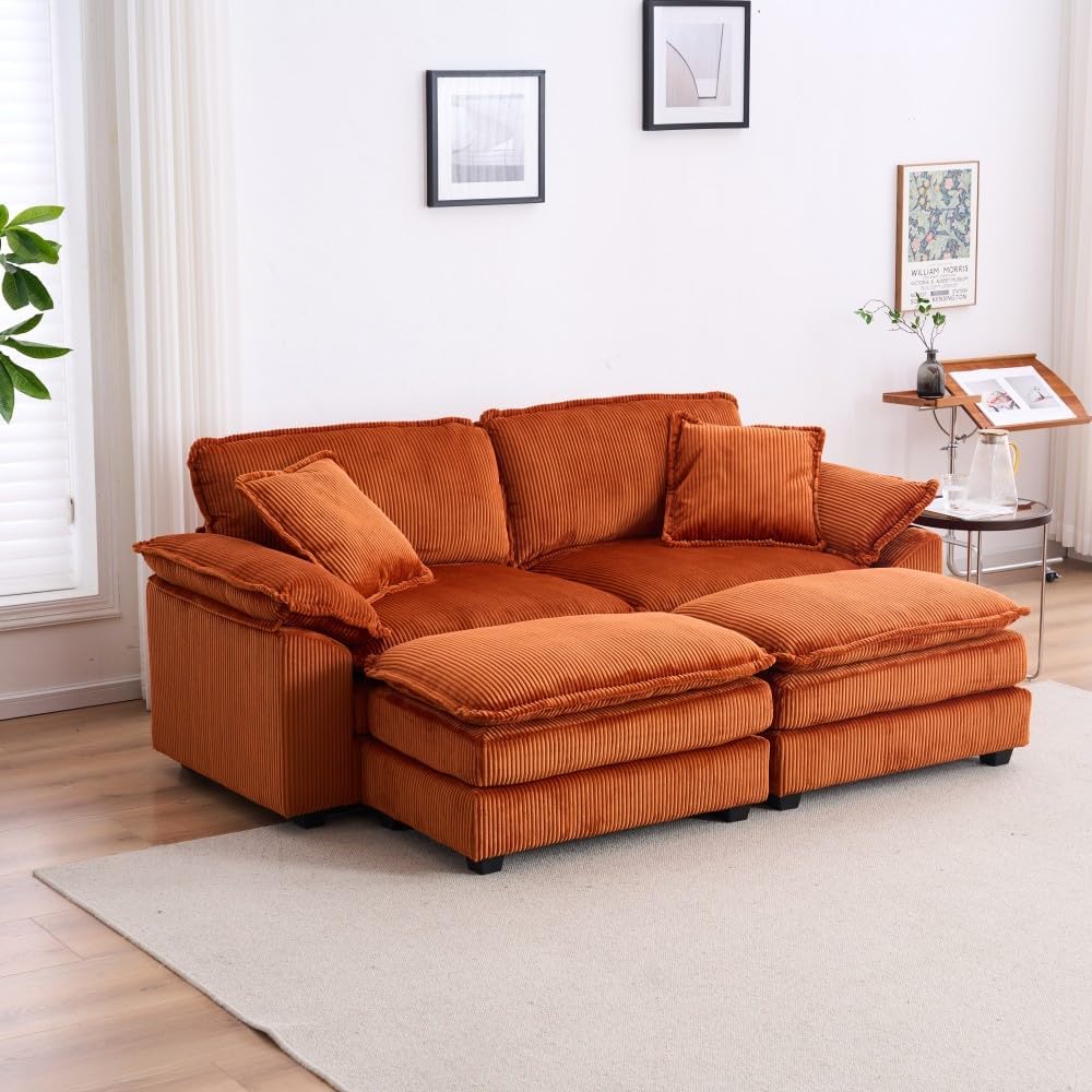 ya 28 10.13 baidi Corduroy 2-Seat Sofa Orange - 2 Back Pillows, 2 Toss Pillows, 2 Ottoman