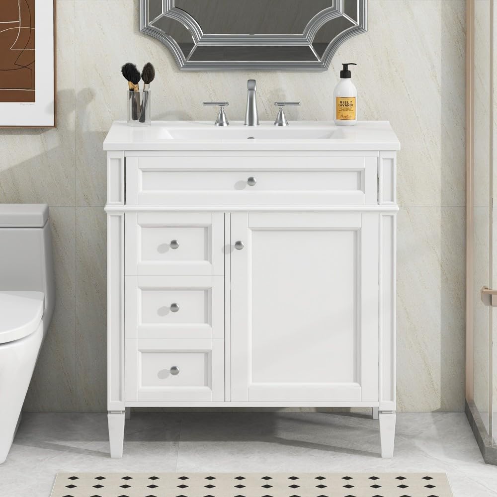 ya 28 10.13 baidi 30'' Bathroom Vanity Modern w/ Single Sink, 2 Drawers + Tip-out Drawer, Whi
