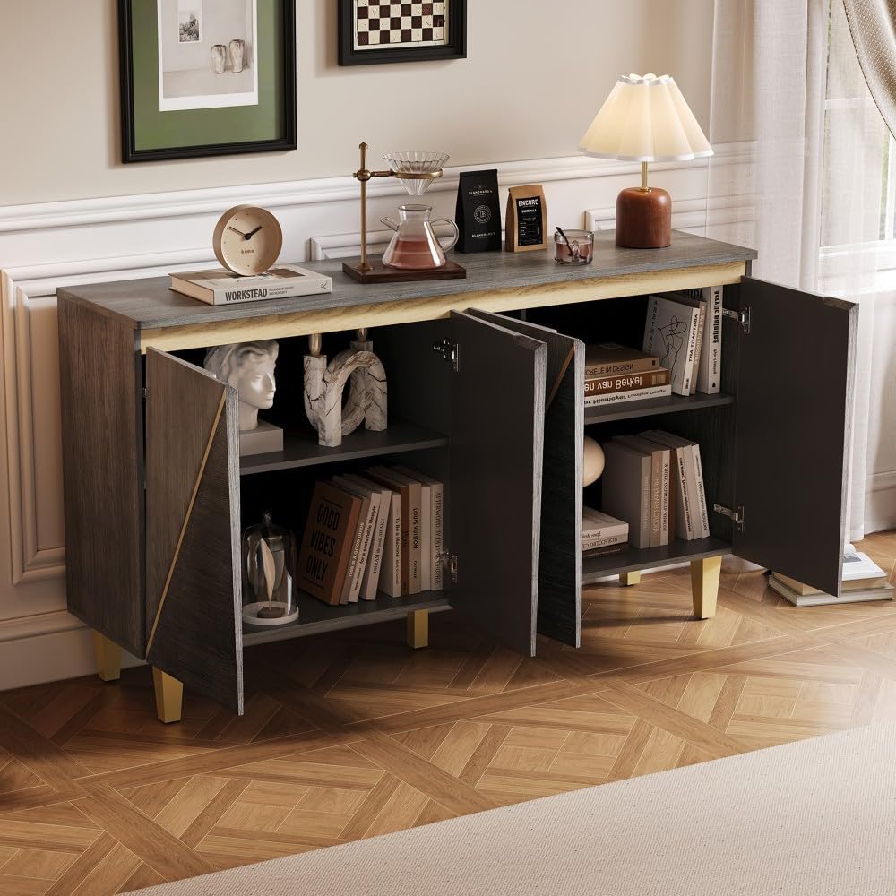 ya 28 10.13 baidi 60 Gray Retro Buffet Cabinet - 4 Dimensional Effect Doors, Adjustable Shel