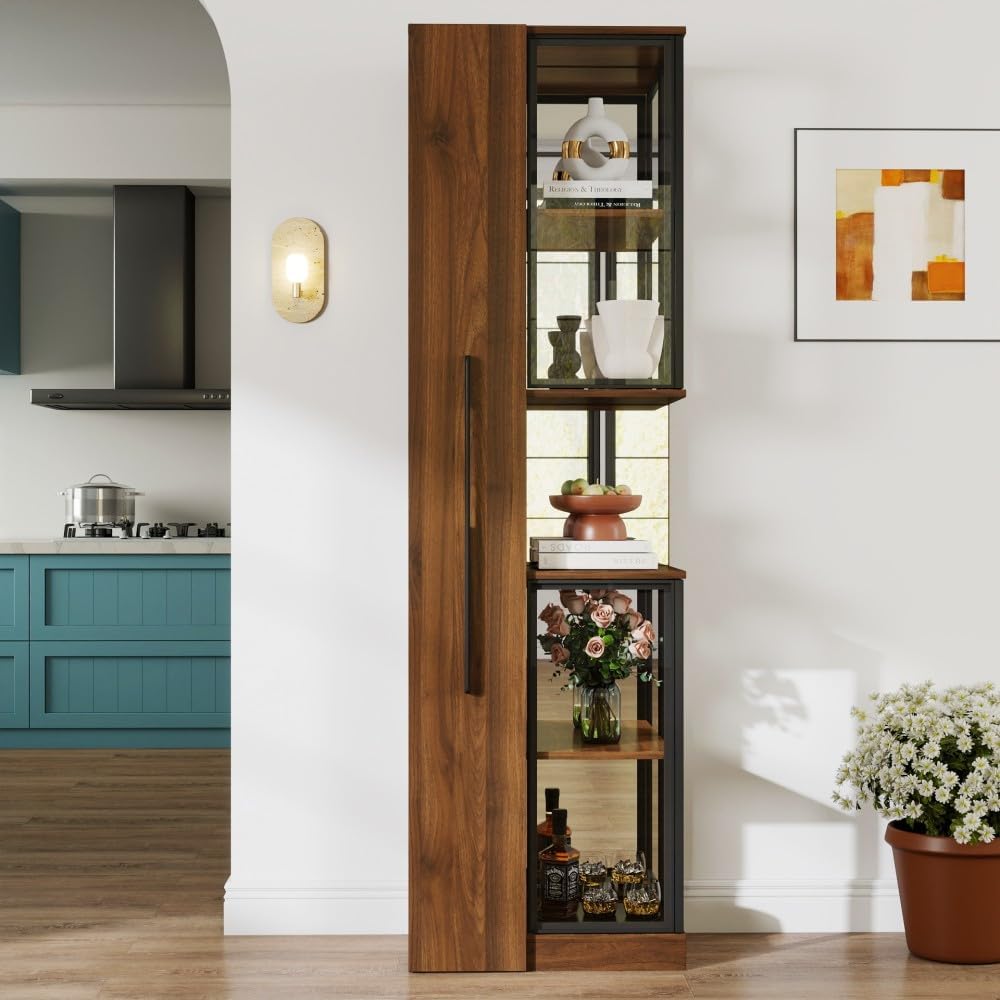 ya 28 10.13 baidi 70 Wooden Walnut Display Cabinet,w/Glass Doors, Lights,Multi-Tier Storage