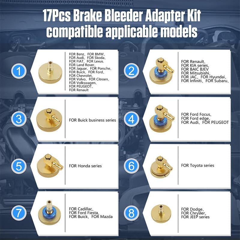 ya 4 8.24 baidi 17-Piece Brake Bleed Adapter Set Brake Master Cylinder Bleed Adapter Kit