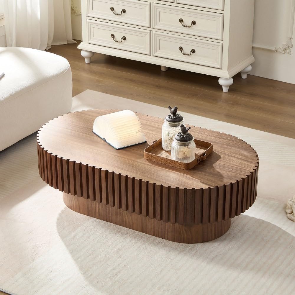 ya 28 10.13 baidi Sturdy Pedestal Walnut Finish Modern 43.70 Drum Coffee Table Oval Shape