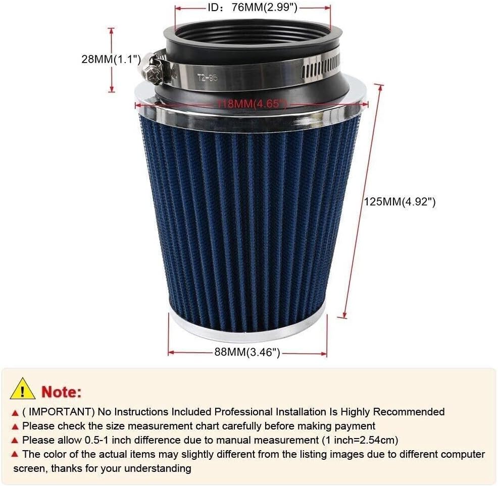 ya 13 9.15 baidi Blue 3 76mm High Flow Inlet Dry Air Filter Cold Air Intake Cone Replacement