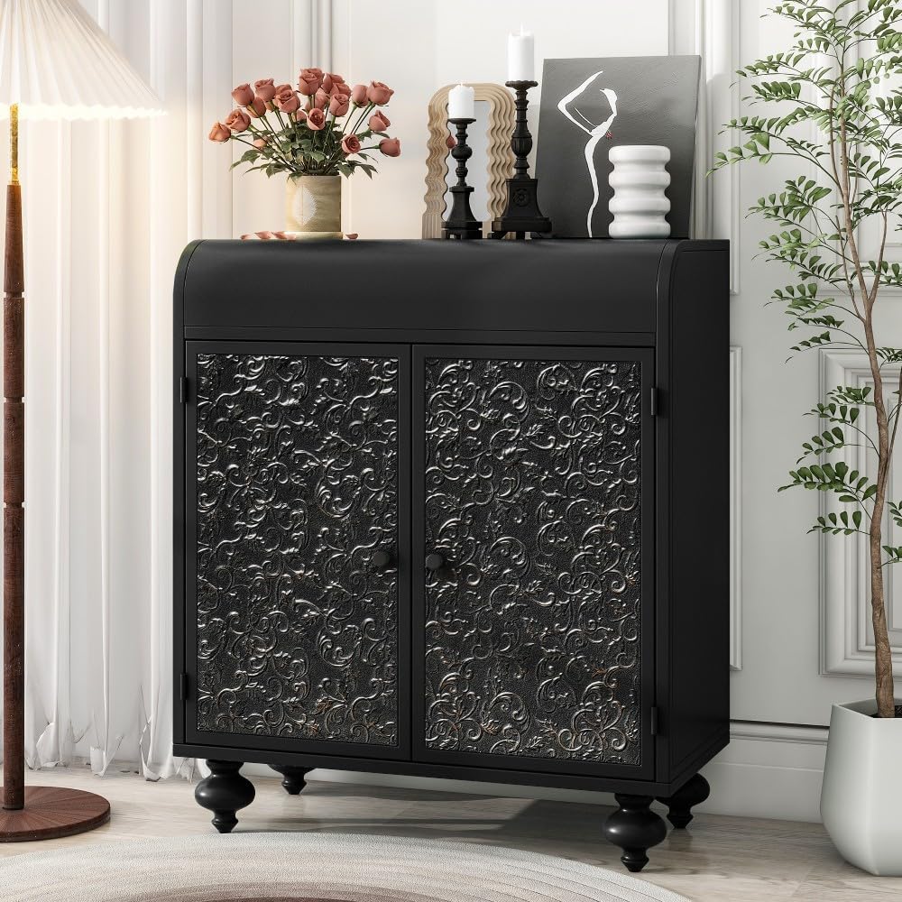 ya 28 10.13 baidi Art Accent Cabinet Black,Embossed Pattern, Sideboard Buffet Storage for Ent
