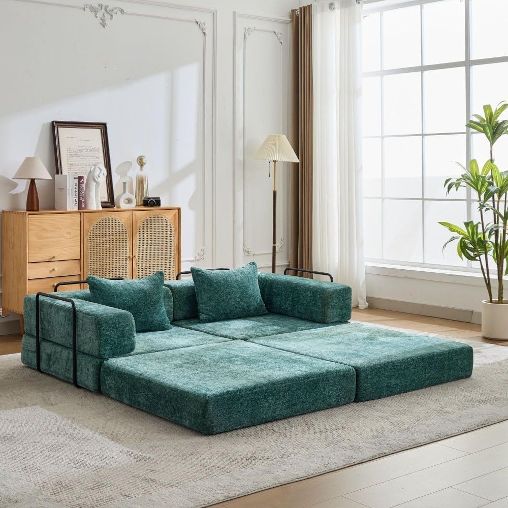 ya 28 10.13 baidi Chenille Compression Sofa Dark Green - Convertible Floor Sofa Bed,No Assemb