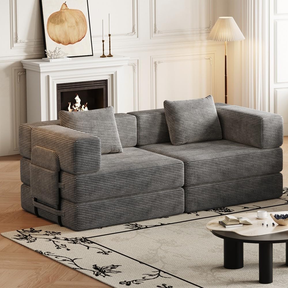 ya 28 10.13 baidi 72.4 Grey Convertible Corduroy Sofa Bed,2 Side Storage Pockets, 2 Cushions