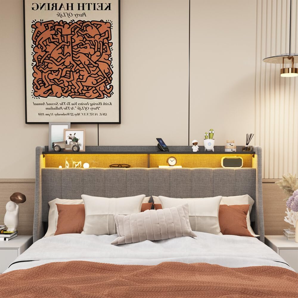 ya 28 10.13 baidi Light Grey Queen Size Bed Frame w/ LED, 4 -Bed Drawers, Wing Headboard