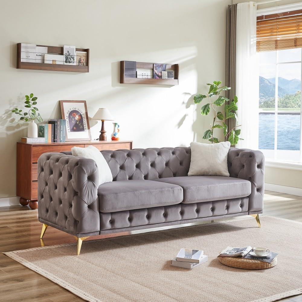 ya 28 10.13 baidi 82.5-inch Deluxe Grey Velvet Sofa - Chesterfield Tufted Buttons, 2 Pillows
