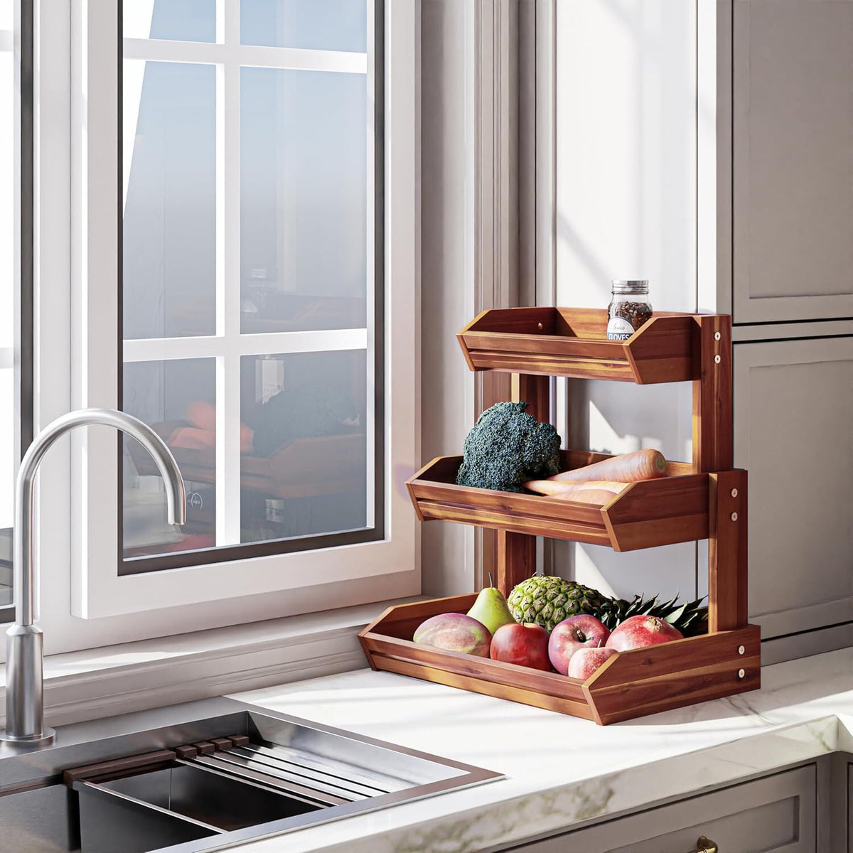 ya 26 10.21 baidi Acacia Wood Fruit Basket - 3 Tier Fruit Bowl for Kitchen Counter, Fruit Storage-2