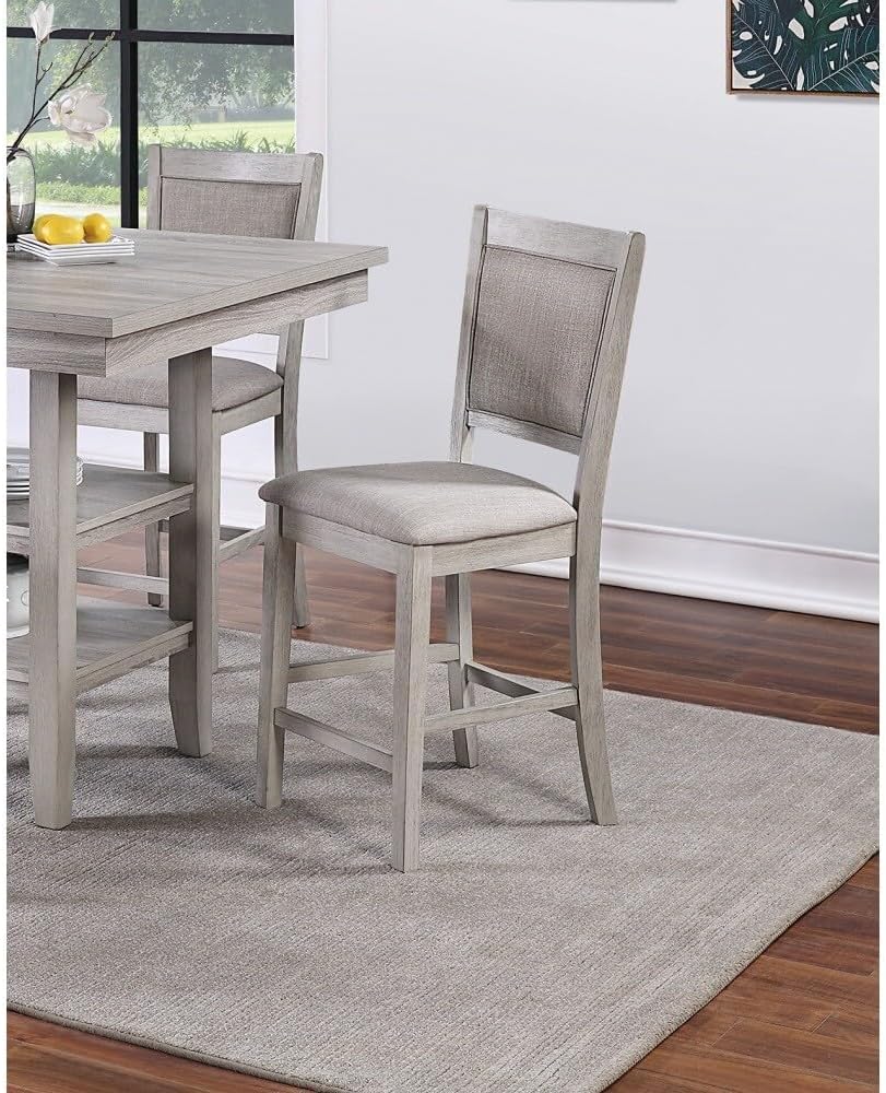 ya 28 10.13 baidi 5pc Counter Height Dining Set Grey, Square Table w/Shelves, Cushioned Chair