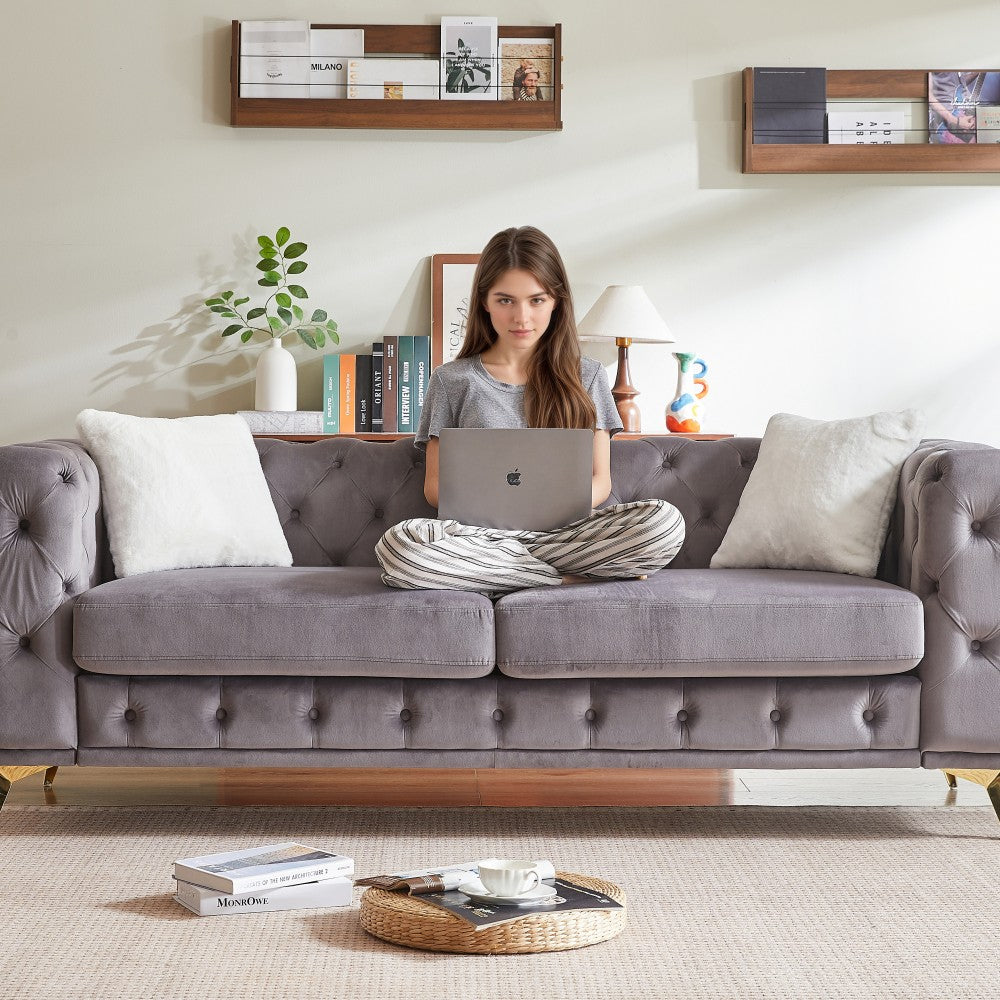 ya 28 82.5-inch Deluxe Grey Velvet Sofa - Chesterfield Tufted Buttons, 2 Pillows