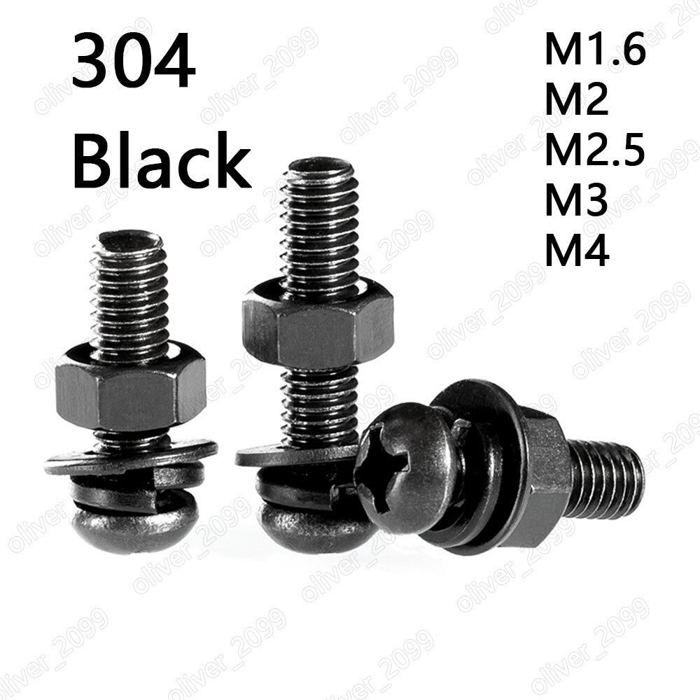 Black 304 Stainless Steel Phillips Pan Head Screws Hex Nuts Flat Spring Washers