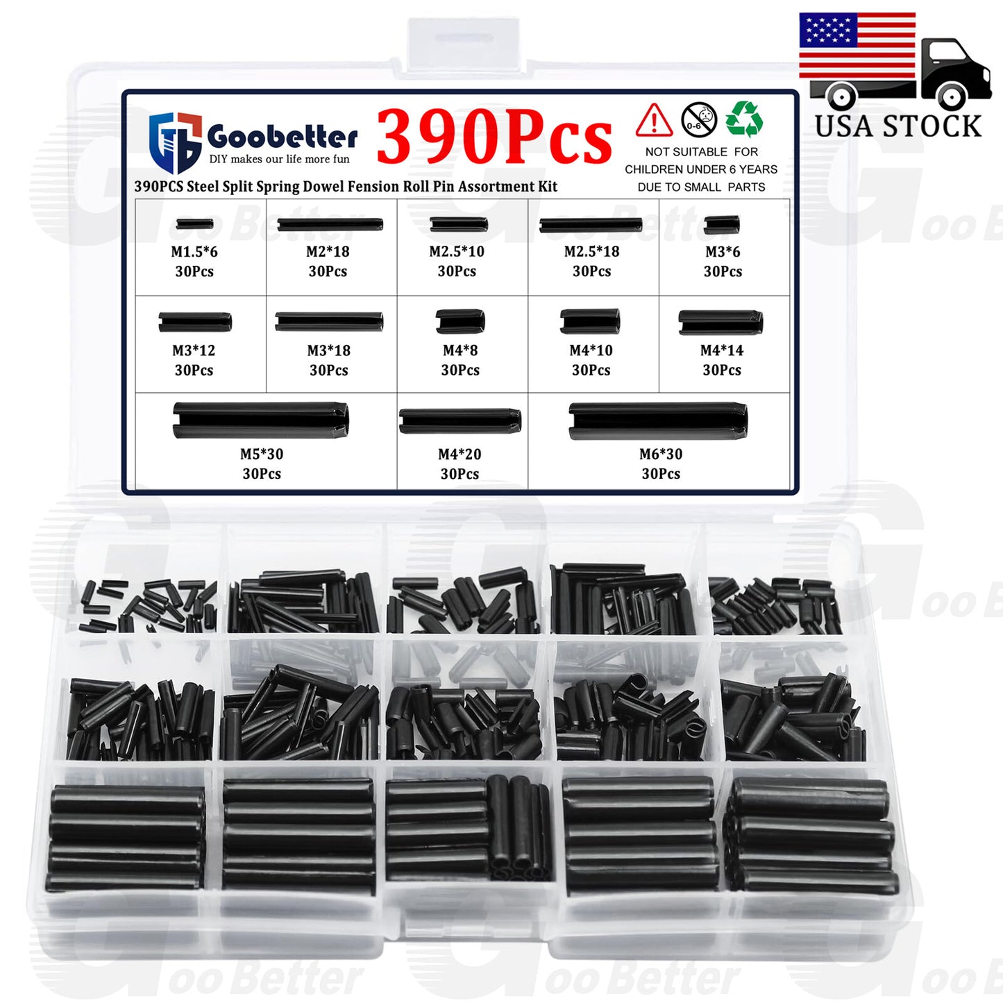 Roll Pin Assortment Set Steel Split Spring Dowel Tension Roll Pin Kit M1.5 to M6
