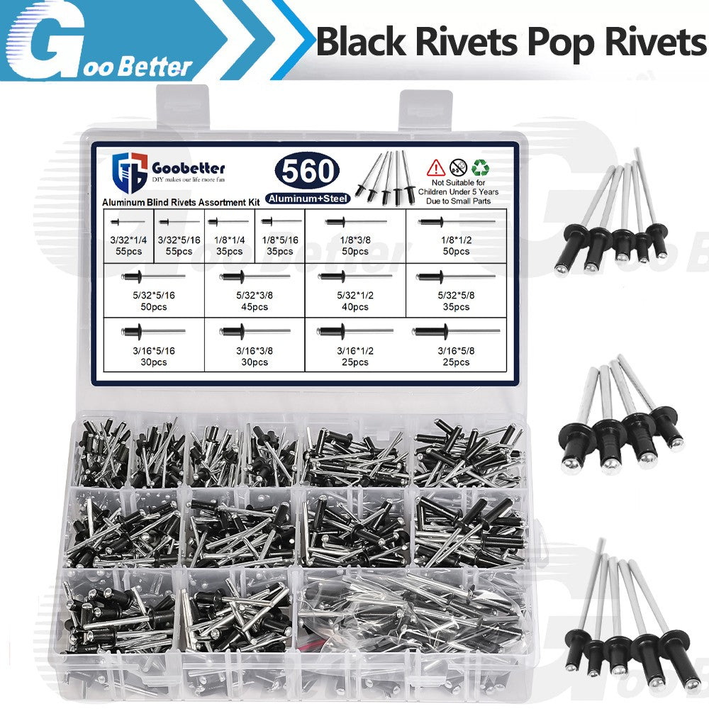 Pop Rivets Kit Aluminum Blind Rivets 3/32 1/8 5/32 3/16 1/4 Blind Rivet