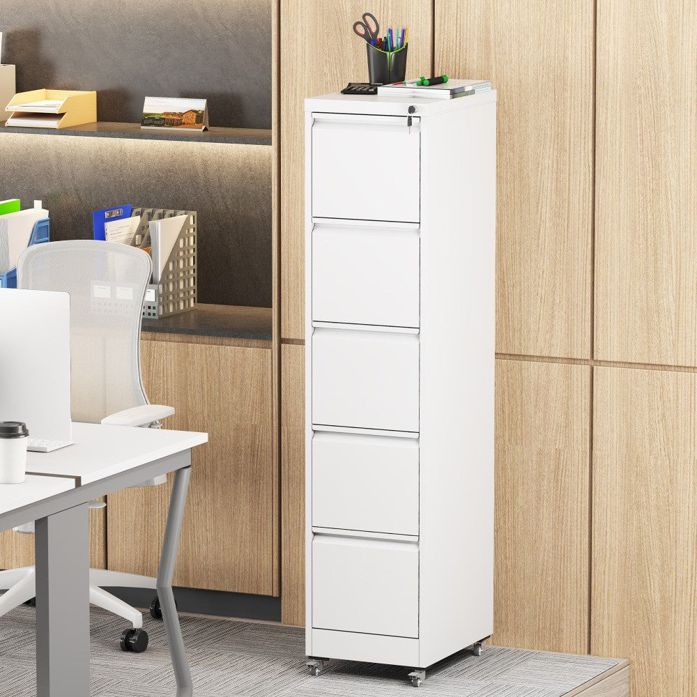 ya 16 5-Drawer White Metal Vertical File Cabinet - Lock & Wheels, For A4/Letter/Legal