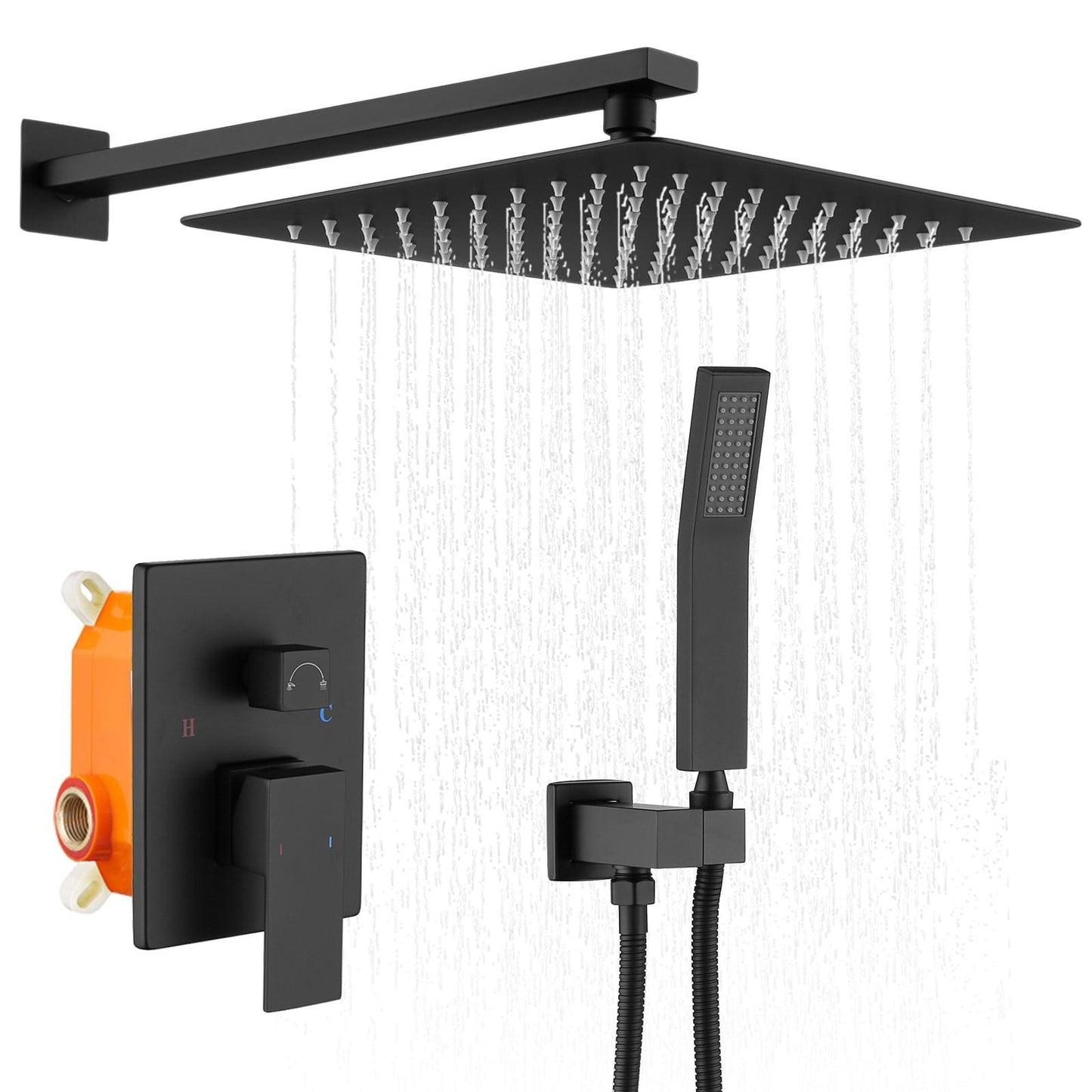 ya 28 12 Rainfall Shower Set Wall Mount w/ Handheld Shower Matte Black & Brass Valve