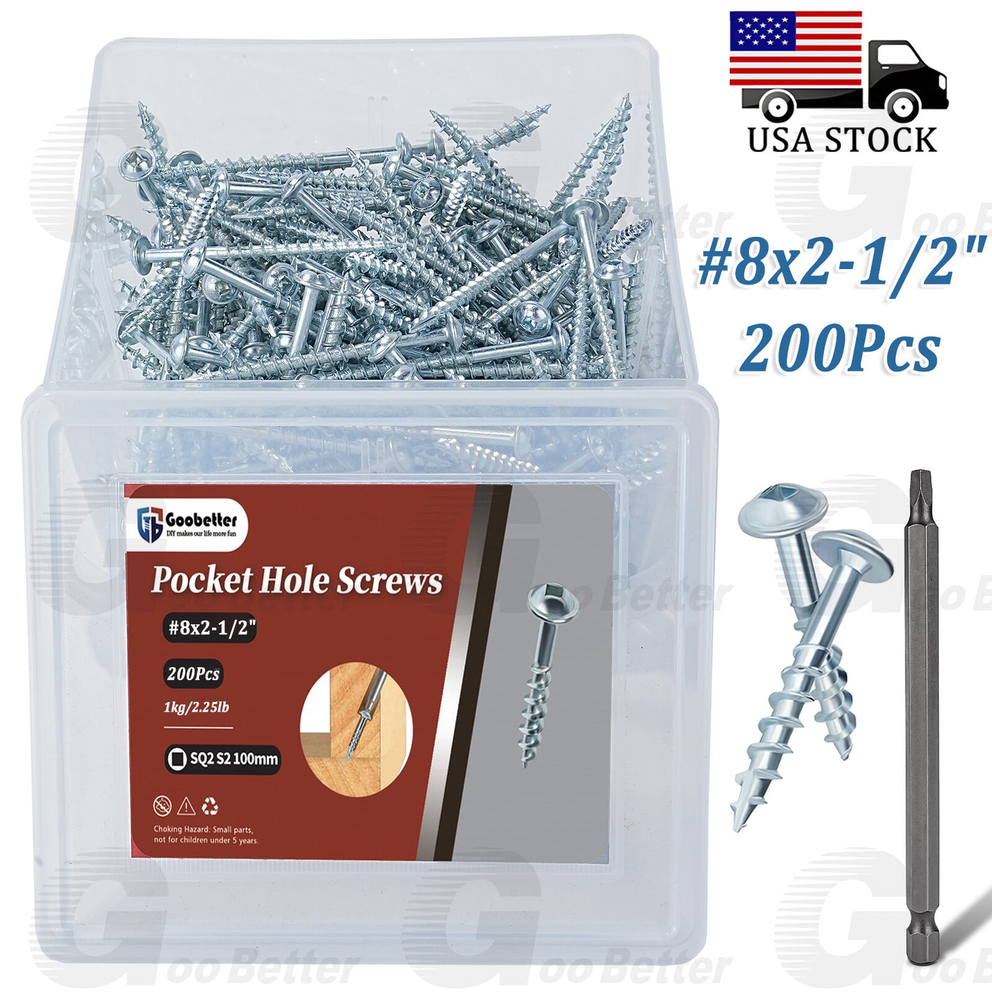 200PCS #8 x 2-1/2 Pocket Hole Screws Wood Screws Square Drive Head Self Tapping