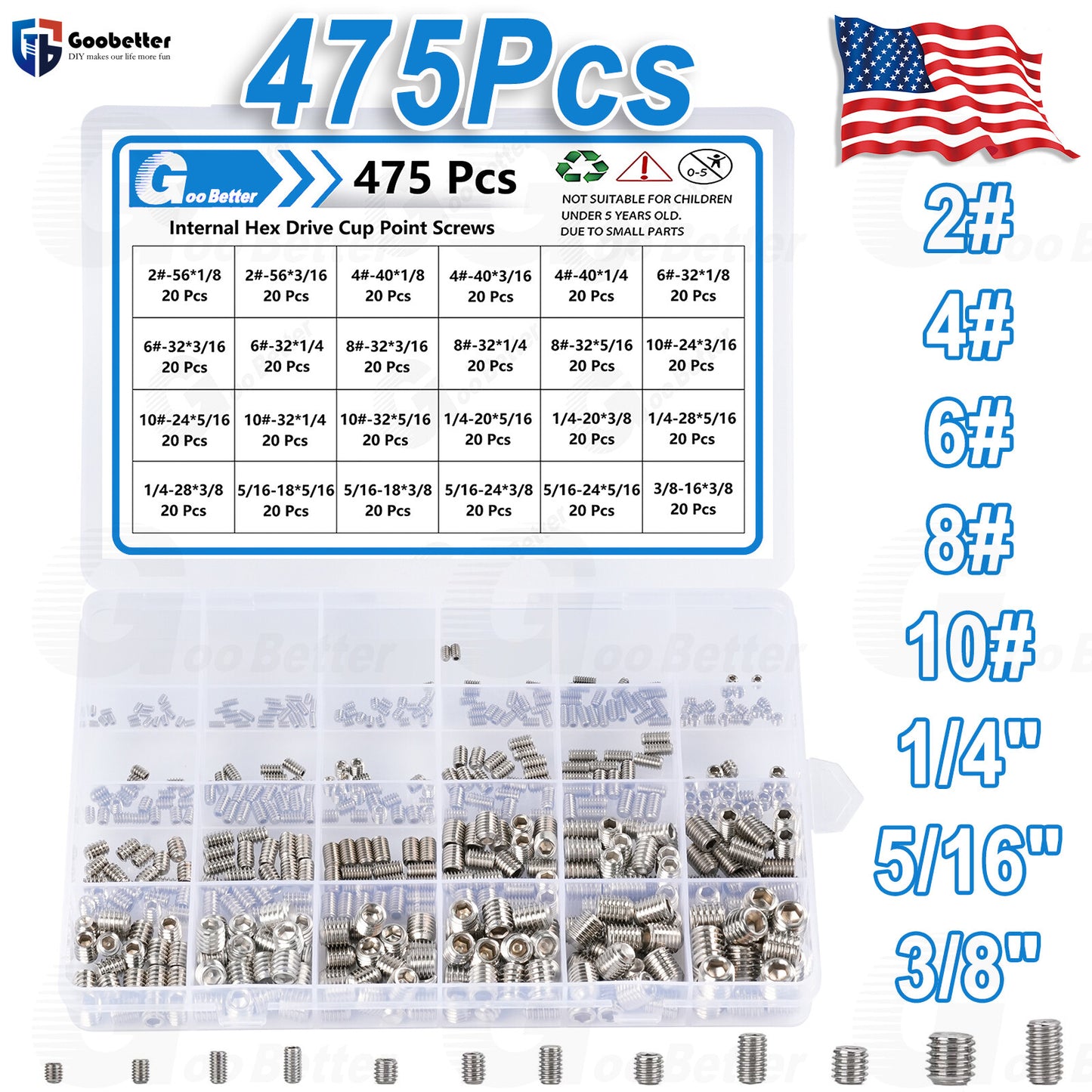 475Pcs SAE Set Screw Assortment Kit Internal Hex Cup-Point Allen Grub Screws 304