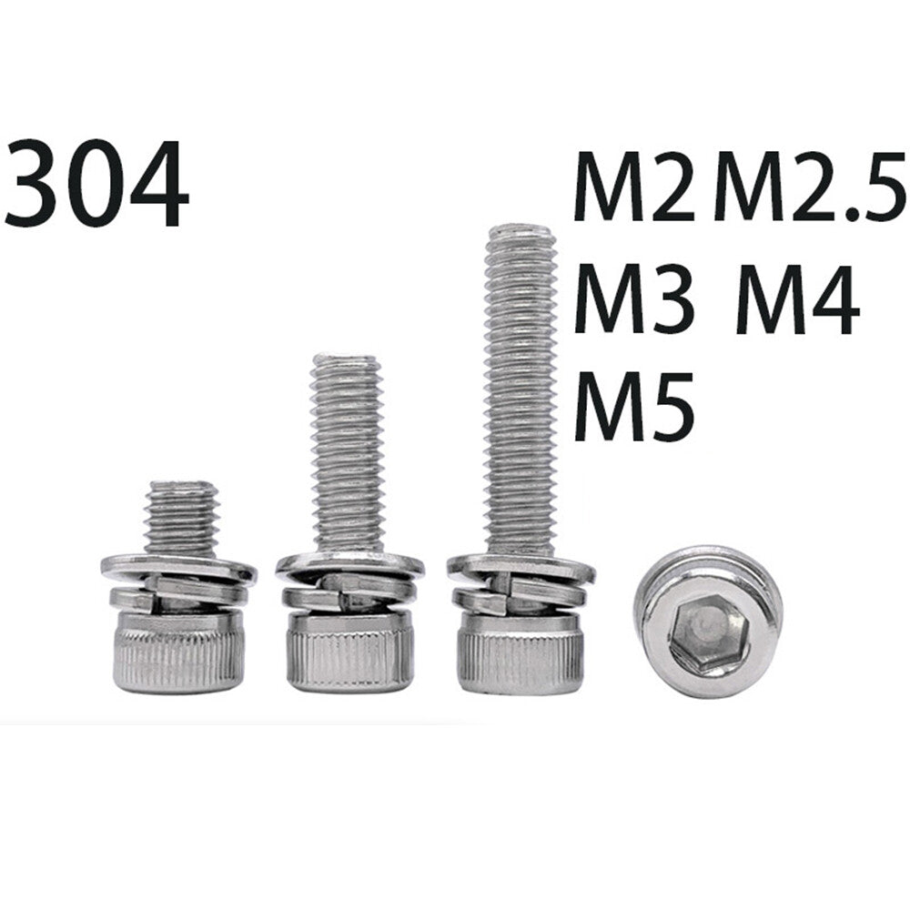 304 Stainless Steel Hex Socket Cap Head SEMS Screws Flat Spring Washers M2-M5
