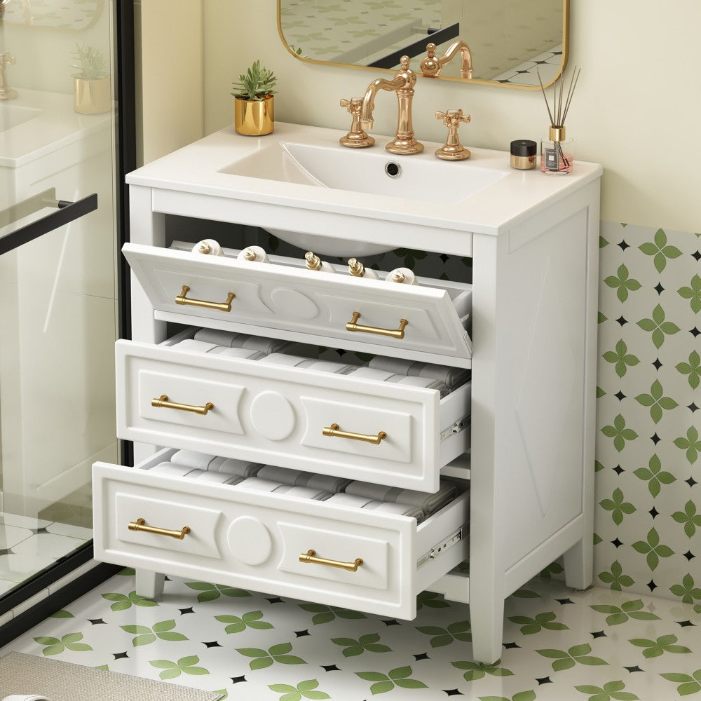 ya 28 30'' Bathroom Vanity w/Ceramic Sink Combo 3 Drawers, Solid Wood Storage, White