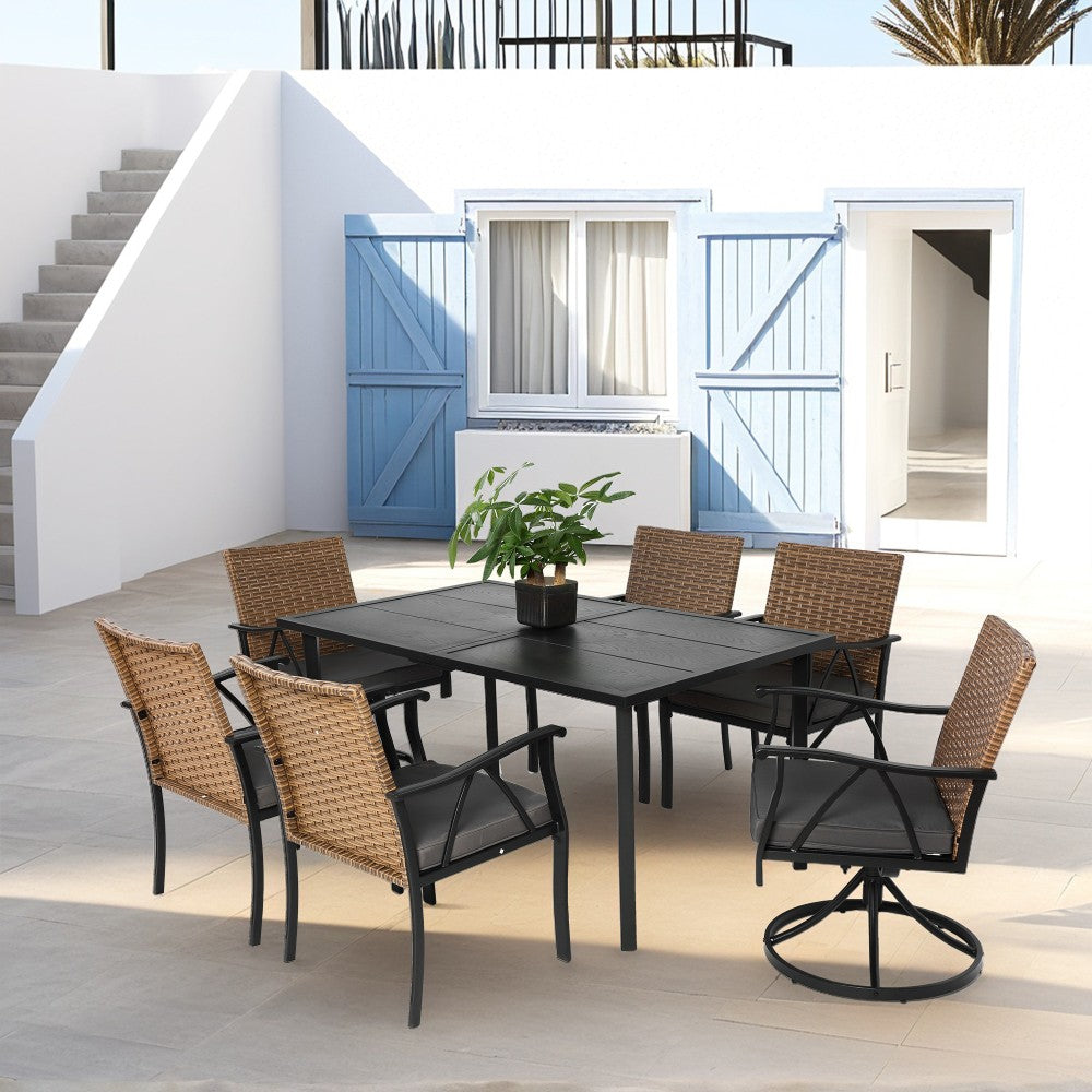 ya 28 7 Pc Patio Wicker Dining Set,2 Cushion Swivel Rocker +4 Cushion Chairs, Brown