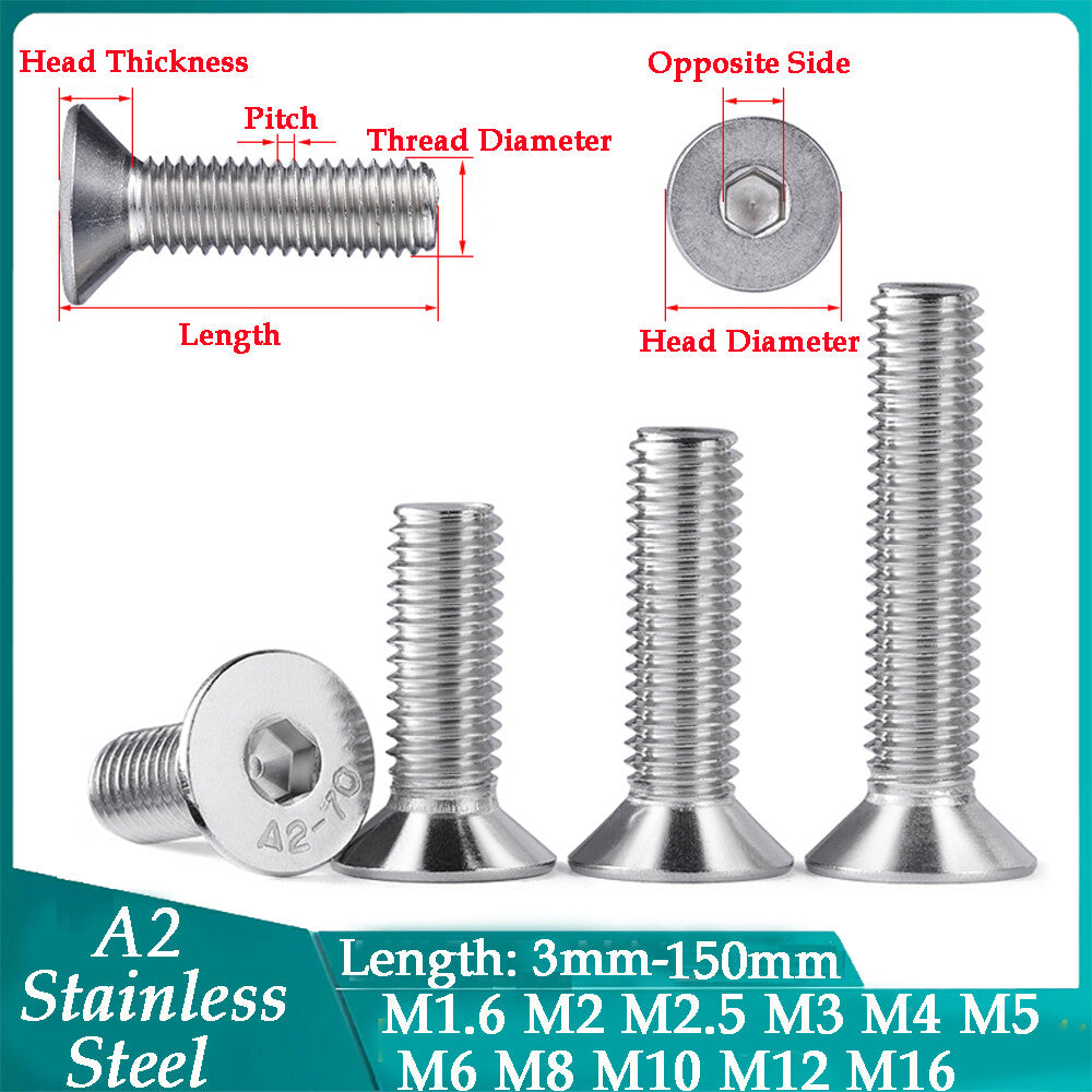 10 PCS Hex Allen Socket Machine Screws Countersunk Flat Head Bolts A2 Stainless