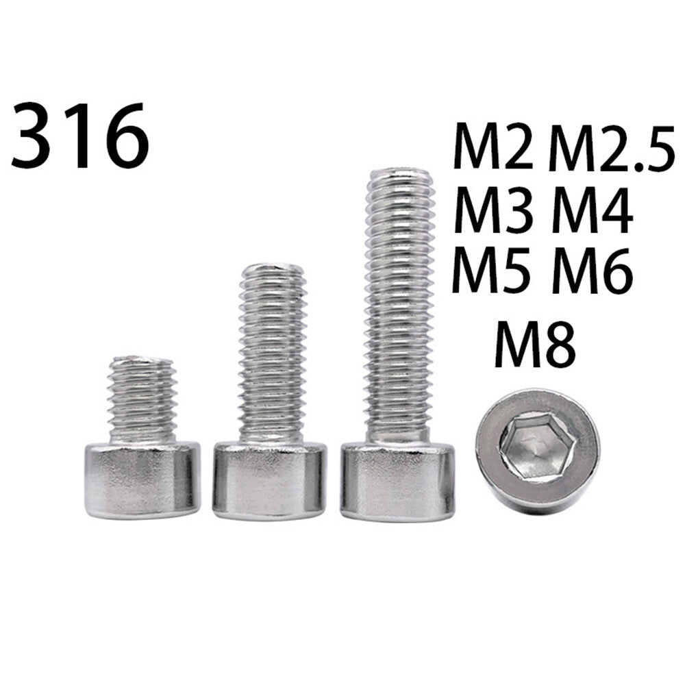 316 Stainless Steel Allen Hex Socket Bolt Cap Head Screws M2 M2.5 M3 M4 M5 M6 M8