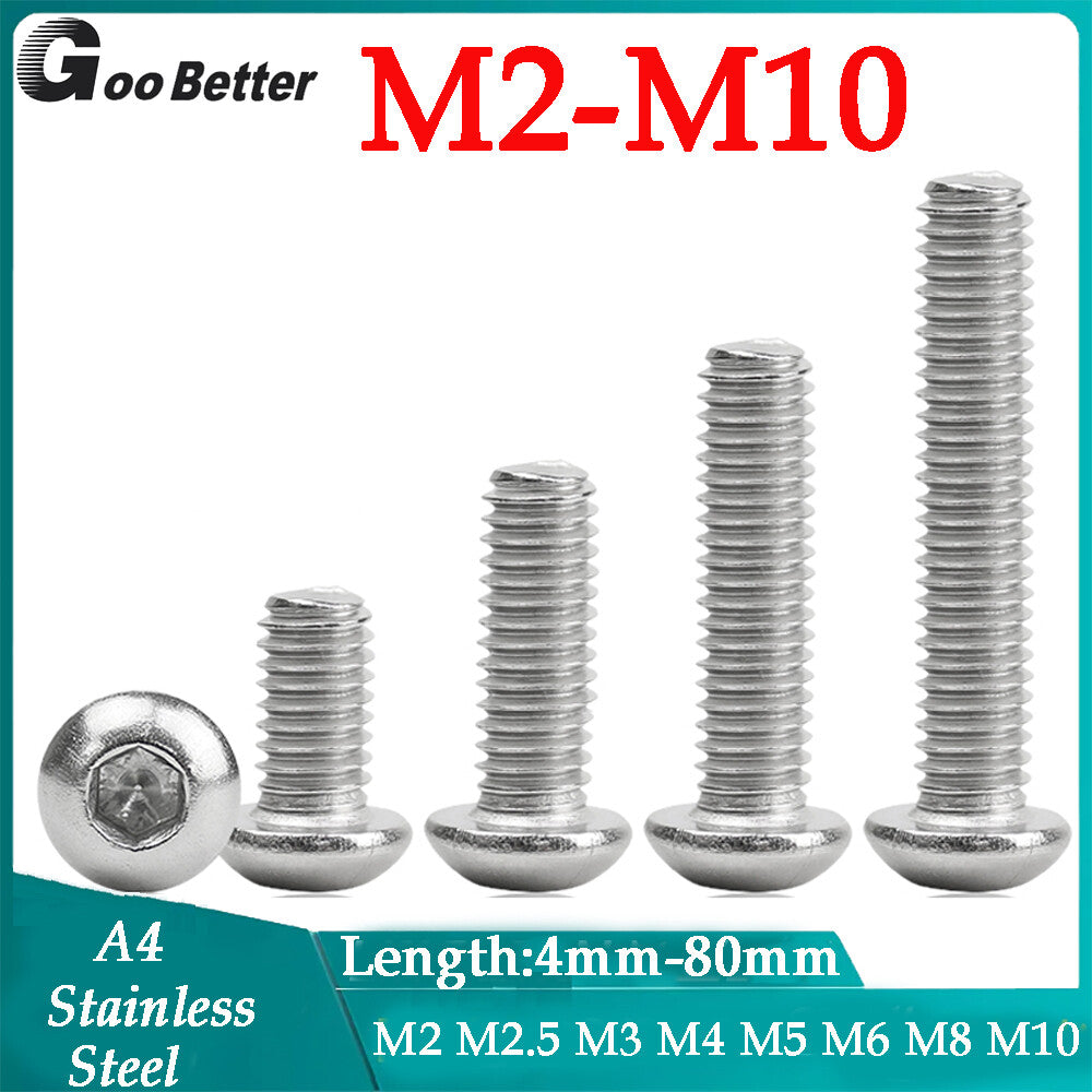 M2 M2.5 M3-M10 Button Head Socket Cap Screws Allen Hex Drive A4 Stainless Steel