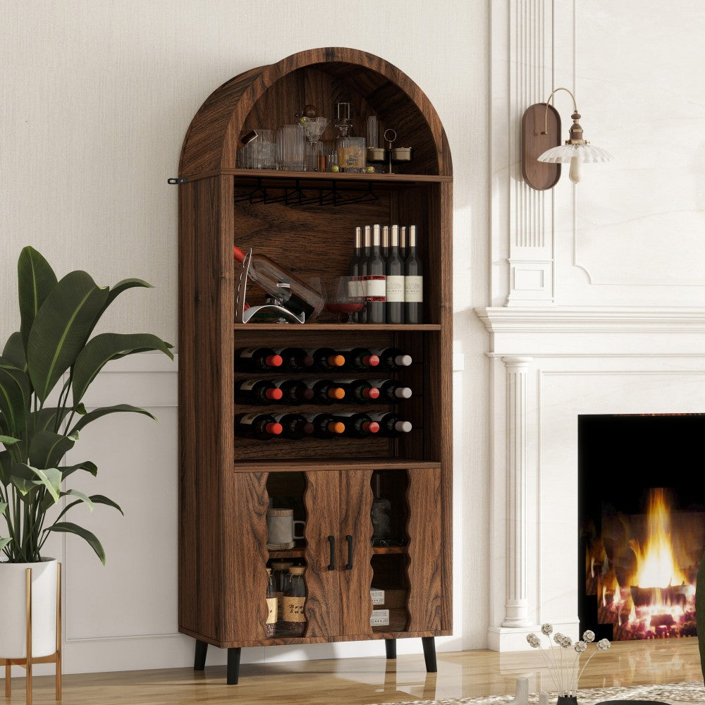 ya 28 71 Farmhouse Arched Bar Cabinet Brown- Wine Rack+Glass Holder for Living Room