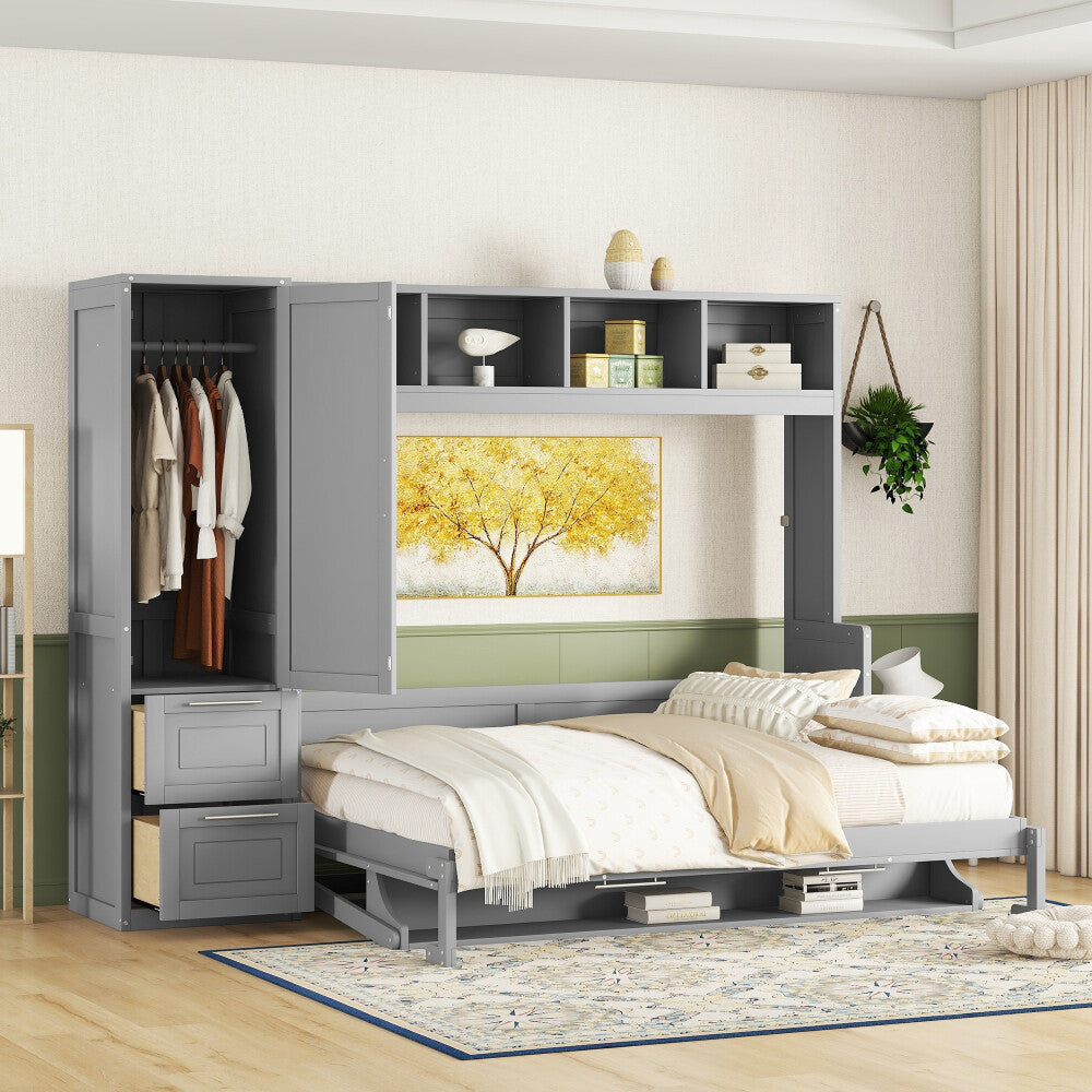 ya 28 Gray Queen Size Murphy Bed Wall Bed with Closet and Drawers